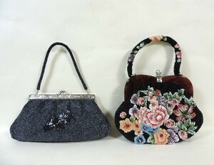 総ビーズバッグ 手刺繍 和装バハンドッグ 着物 和装小物 花柄 レトロ アンティーク 和小物 黒ビーズ刺繍 がま口 2個 当時物