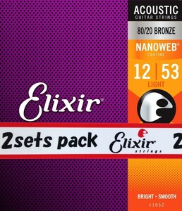 2個セットElixir エリクサー アコースティックギター弦 NANOWEB 80/20ブロンズ Light .012-.053 #11052