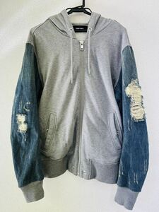 中古美品 DIESEL ディーゼル ビンテージ ダメージ 加工 袖 デニム スリーブ ジップアップ スウェット パーカー フード ジャケット M