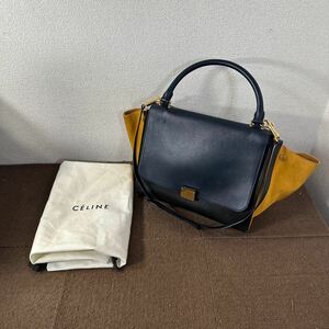 【中古品】CELINE セリーヌ 2way ハンドバッグ ショルダー トラペーズ ミディアム 169543 スエード×レザー ブラック×キャメル