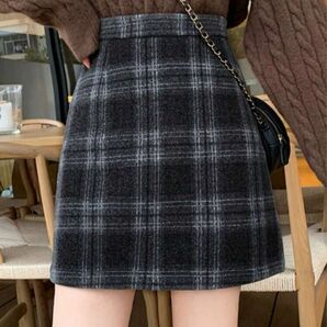 台形スカート 韓国ファッション タータンチェック チェック柄 秋冬 黒 灰色 ＋ワンアイテムで-400円！