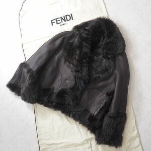 3-YJ059【良品】フェンディ FENDI 最高峰 ラムレザー ムートン ショートコート ダークブラウン 44 レディース