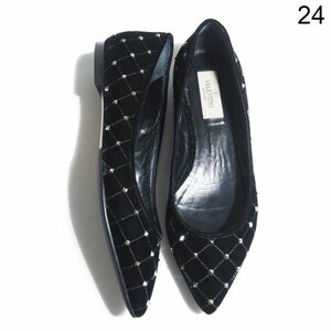 K2278P　▲VALENTINO GARAVANI ヴァレンティノ▲　ロックスタッズ付き ベロアフラットシューズ ブラック 37/24cm 黒 秋冬 rb