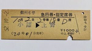 硬券 200 急行 信州 6号 急行券・指定席券 小諸 → 上野 中込駅 発行 No.00542