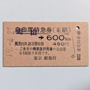 硬券 300 自由席特急券（乗継） 岡山 → 600km 東京駅発行 昭和49年 No.0889