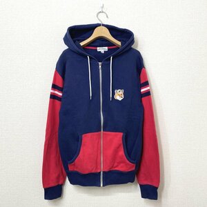 MAISON KITSUNE メゾンキツネ 2トーン 切替 ジップパーカー M ネイビー レッド 紺 赤 ワッペン スウェット フード バイカラー