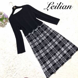 大きいサイズ Leilian ホワイトレーベル 高級 長袖ドッキングワンピース ニット チェック柄 黒 白 １３＋ XL LL相当 日本製　冬 10-15