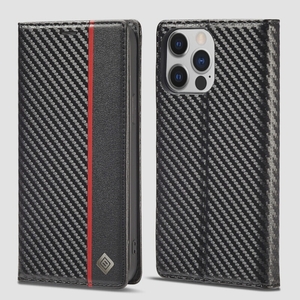 送料無料★iPhone 14 Pro Maxスマホケース 手帳型 マグネット式 カード収納 炭素繊維テクスチャ ス（赤い縦線）