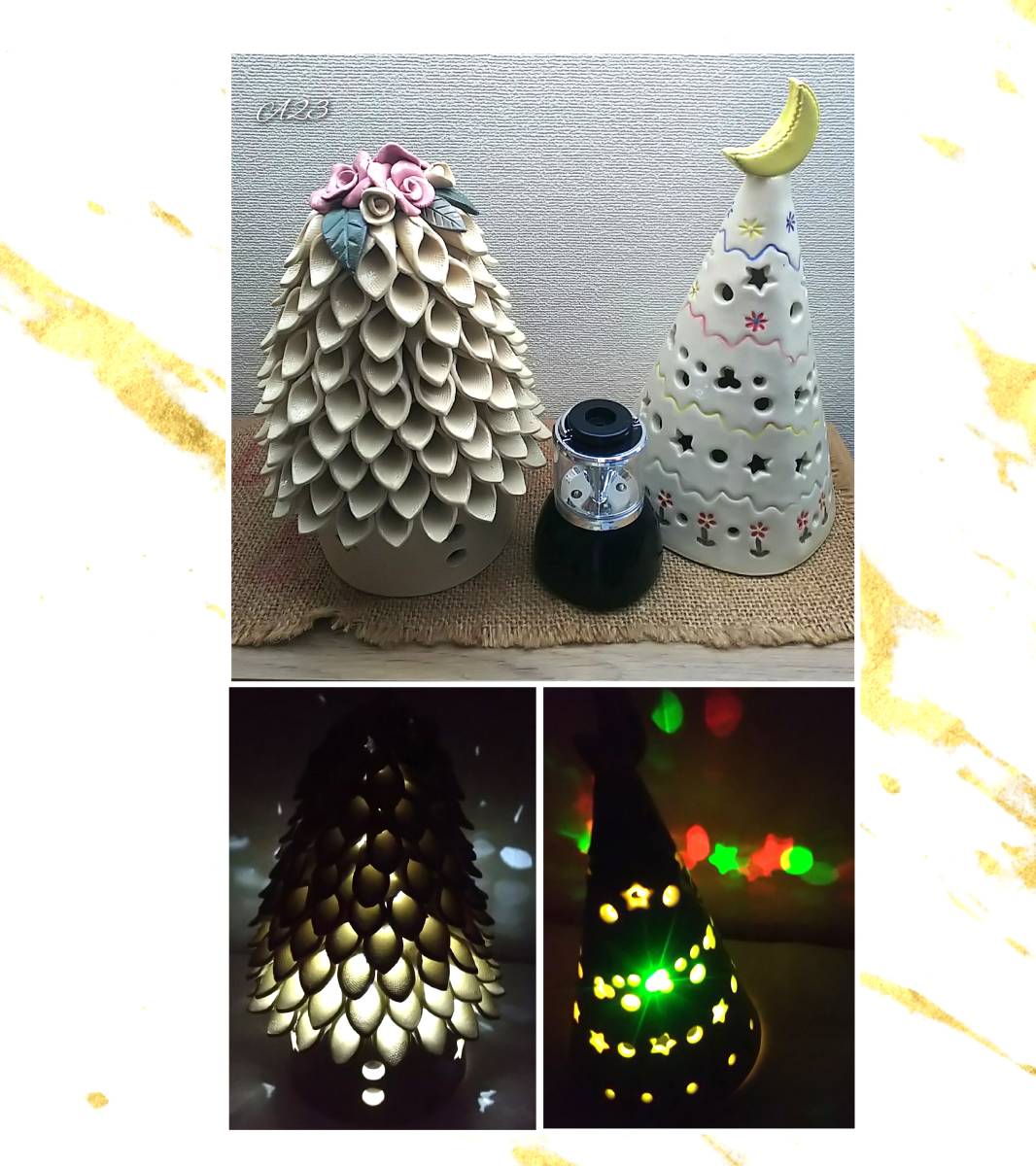 Handmade★2 lovely tree-shaped lantern covers (ceramic), 1 mini lantern, set of 3, ornament, decoration, unused, stored item, even during power outages, handmade works, interior, miscellaneous goods, ornament, object