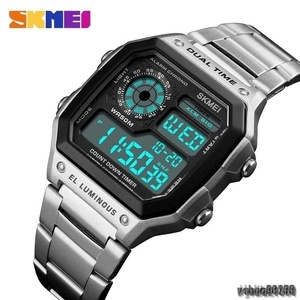 【ワオ！】SKMEI メンズスポーツウォッチ カウントダウン 防水時計 ステンレス 鋼ファッション デジタル 腕時計 男性用 時計