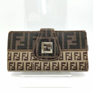 FENDI フェンディ 二つ折り 長財布 Wホック ズッカ×ズッキーノ ブラウン系 ゴールド金具 イエローステッチ W18.5 H10