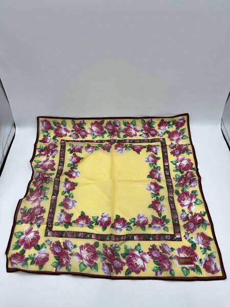 【未使用品】KENZO ケンゾー ハンカチ バンダナ 花柄 バラ イエロー×ボルドー 綿 コットン100% W48 H48