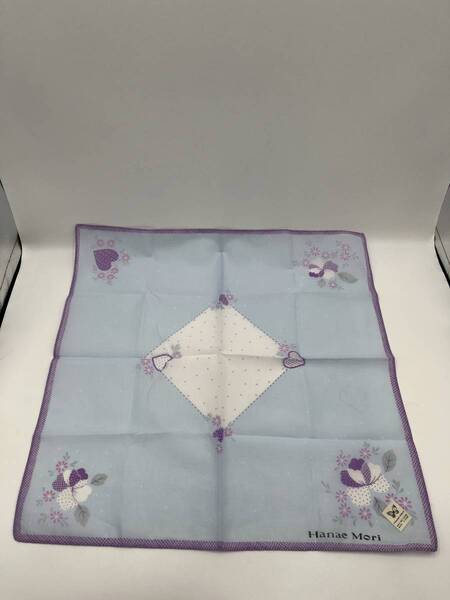 HANAE MORI ハナエモリ ハンカチ バンダナ ライトブルー×パープル 花柄 ハート柄 綿 コットン100% W43 H43
