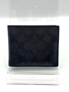 【美品】COACH　コーチ　二つ折り札入れ　シグネチャー　メンズ　PVC×レザー　ブラック系　W11.5　H9.2