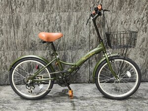 【新品未使用訳ありアウトレット品】前カゴ付属20インチ折り畳み自転車SHIMANO外装6段変速　カーキ【SK1113】