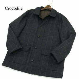 Crocodile クロコダイル 秋冬 イタリア製生地★ ウール ツイード ヘリンボーン チェック 中綿 ジャケット Sz.M　メンズ 灰　A3T12446_A#N