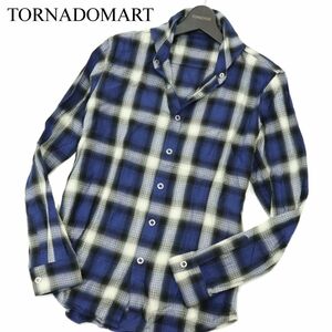 美品★ TORNADOMART トルネードマート 綿テンセル ワッフル 長袖 オンブレー チェック シャツ Sz.M　メンズ ネイビー 日本製　A3T12410_A#C