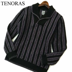 TENORAS メンズティノラス 秋冬 ジャガード ストライプ★ プルオーバー ウール ニット セーター Sz.M　メンズ 黒　A3T13084_B#K