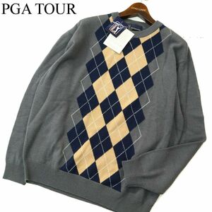 タグ付き★ PGA TOUR PGAツアー 秋冬 ウール100%★ アーガイル ニット セーター Sz.M　メンズ グレー ゴルフ　A3T13083_B#K