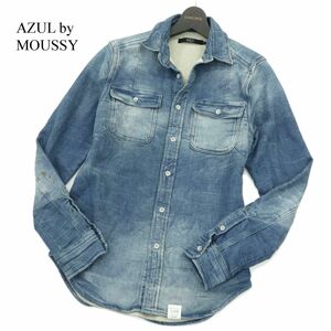 AZUL by MOUSSY アズール マウジー 通年 ダメージ加工★ 長袖 スウェット ドビー デニム ワーク シャツ Sz.S　メンズ　A3T13653_B#C