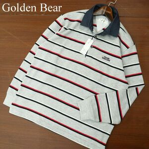 【新品 未使用】 Golden Bear ゴールデンベア 通年 刺繍 長袖 ボーダー ポロシャツ トレーナー Sz.L　メンズ グレー　A3T13597_B#C