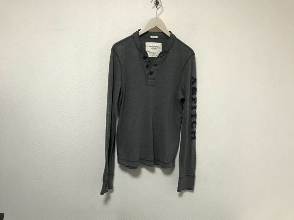 本物アバクロアンドフィッチAbercrombie&Fitchコットンヘンリーネック長袖TシャツロンTメンズサーフアメカジミリタリービジネスグレーS