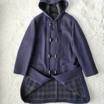 希少 美品 Lサイズ Papas【小粋なオシャレ】パパス フード付 ダッフルコート フーデット ウールコート ロング 裏地チェック 刺繍ロゴ 920_画像1