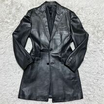 コムサデモードメン【極上ラムレザー】COMME CA DE MODE MEN チェスターコート 羊革 ブラック 黒 Mサイズ ジャケット ステッチ 光沢 ロング_画像2