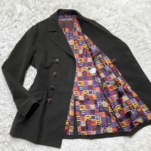 エトロ【頂点！！超絶希少！XLサイズ】ETRO ダブルチェスターコート ピーコート ダークブラウン 濃茶 裏地 ロゴ 総柄 マルチカラー 52