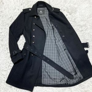 バーバリーブラックレーベル【頂点！！最高級カシミヤ！】BURBERRY BLACK LABEL ナポレオン トレンチコート ウール 銀ボタン M 黒 チェック