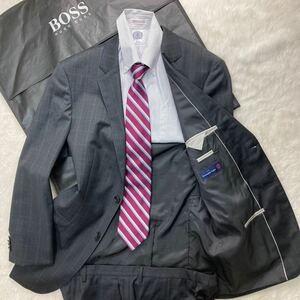 未使用◎エルメネジルドゼニア×ヒューゴボス Ermenegildo Zegna HUGO BOSS スーツ チャコールグレー ウインドウペン 50位 ジャケット 秋冬