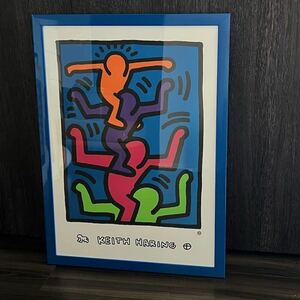 1円☆展示品☆キースヘリング KEITH HARING☆ポスター☆ポップアート☆木製 額装☆ブルー マルチ☆インテリア☆