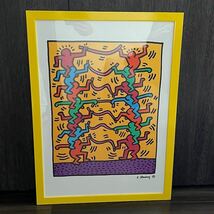 1円☆展示品☆キースヘリングKEITH HARING☆ポスター☆ポップアート☆木製 額装☆イエロー マルチ☆インテリア☆_画像1