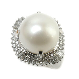 Pt900 platinum ring * ring pearl approximately 12.3mm diamond 0.63ct 11.5 number 11.3g lady's used beautiful goods 