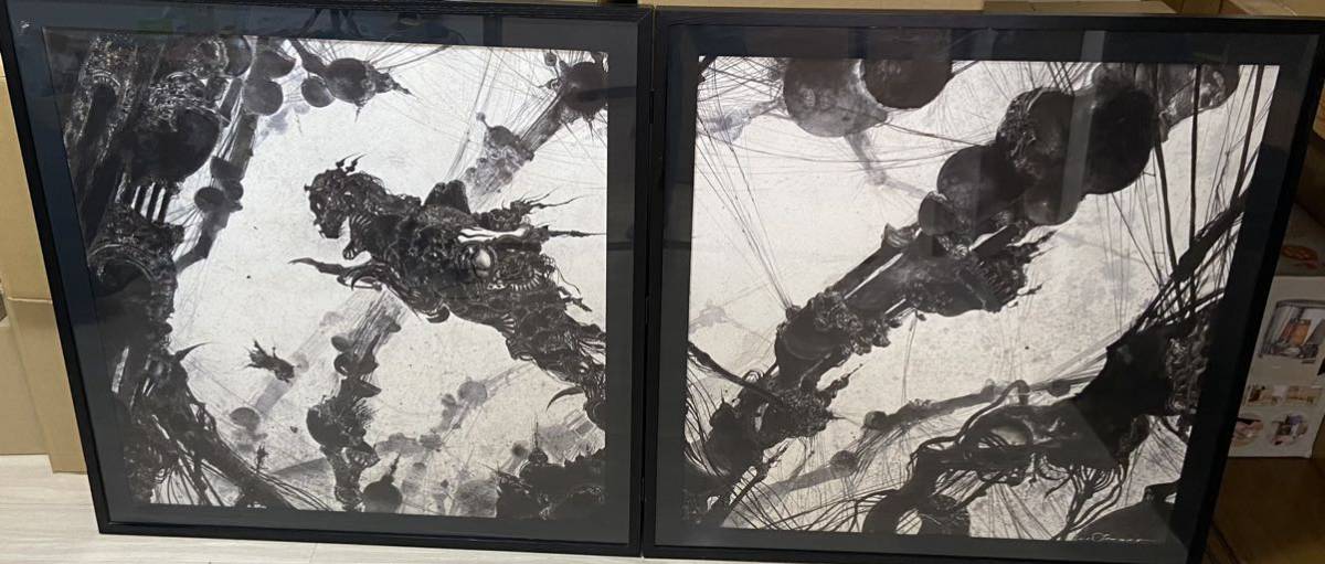 Used Yoshitaka Amano JAPAN Black Print Painting Framed Final Fantasy Jigle + Hand Painted 4/60, artwork, painting, others