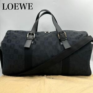 大容量!! 2way 美品 LOEWE ロエベ ボストンバッグ リピートアナグラム キャンバス レザー 本革 旅行 トラベルバッグ メンズ 黒 ブラック 鞄