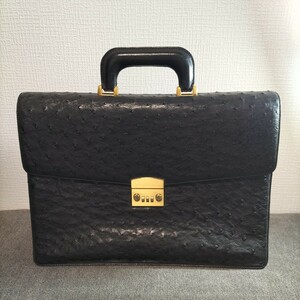 11-96 オーストリッチ ビジネスバッグ セカンドバッグ ハンドバッグ 書類鞄 ブラック ゴールドカラー