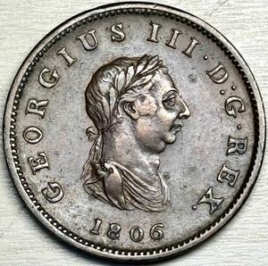 【英領アイルランド銅貨】(1806年銘 9.3g 直径28.5mm)