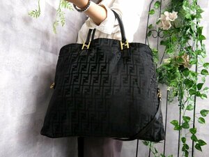 ●超美品●FENDI フェンディ●ズッカ●ナイロン エナメル パテント レザー 本革●2way ボストン バッグ●黒●G金具●A4 収納●Js41290