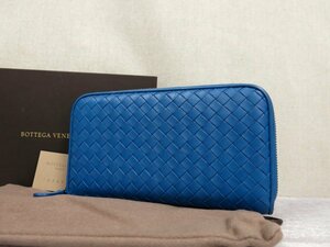 ●超美品●BOTTEGA VENETA ボッテガ ヴェネタ●メンズ●イントレチャート●ラム レザー 本革●ラウンドファスナー 長財布●ブルー●Js41560