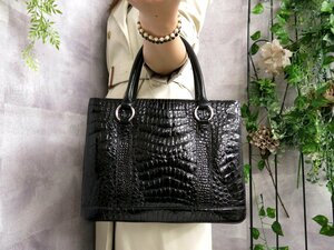 ●超美品●RODANIA ロダニア●シャイニング クロコダイル 本 ワニ 革●ハンド バッグ●黒●SV金具●腕掛け●B5 収納●書類 かばん●Js41573