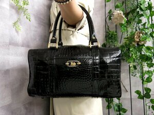 ●超美品●CELINE セリーヌ●馬車金具●クロコ型押し エナメル パテント レザー 本革●ボストン バッグ●黒●G金具●ヴィンテージ●Js41530