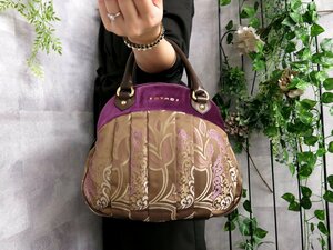 ●超美品●ETRO エトロ●プリーツ調●ナイロン ベロア カーフ レザー 本革●ハンド バッグ●パープル 茶●G金具●B5 収納 かばん●Js41555