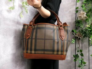 ●超美品●BURBERRY バーバリー●スモークドチェック柄●PVC カーフ レザー 本革●トート バッグ●茶●G金具●腕掛け●B5 書類●Js41415