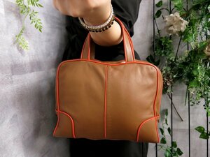 ●超美品●LOEWE ロエベ●ロゴ型押し●バイカラー●ナッパ レザー 本革●ハンド バッグ●茶 オレンジ●シルバー金具●腕掛け●Js41668