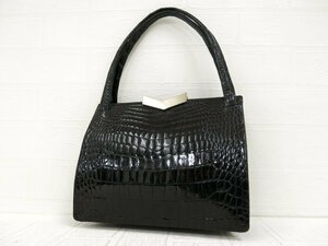 ◆美品◆GENUINE◆シャイニング クロコダイル 本 ワニ 革◆がま口 ハンド バッグ◆ブラック ゴールド金具◆ヴィンテージ◆腕掛け◆A3054