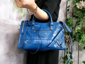 ★●超美品●BALENCIAGA バレンシアガ●シティ●クロコダイル 型押し レザー 本革●2way ハンド バッグ●青●シルバー金具●斜め掛け●B111