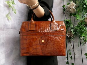 ●超美品●BALLY バリー●Bロゴ●クロコダイル 型押し カーフ レザー 本革●ハンド バッグ●茶●G金具●腕掛け●B5 収納 かばん●Js41811