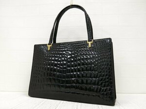 ◆美品◆GENUINE◆シャイニング クロコダイル 本 ワニ 革◆ハンド バッグ◆ブラック ゴールド金具◆ヴィンテージ◆腕掛け◆A3111