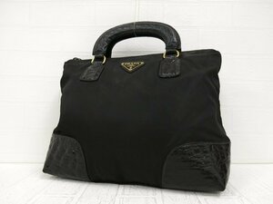 ◆美品◆PRADA プラダ◆クロコ型押し◆ナイロン カーフ レザー 本革◆ハンド バッグ◆ブラック G金具◆イタリア製◆ヴィンテージ◆A3109